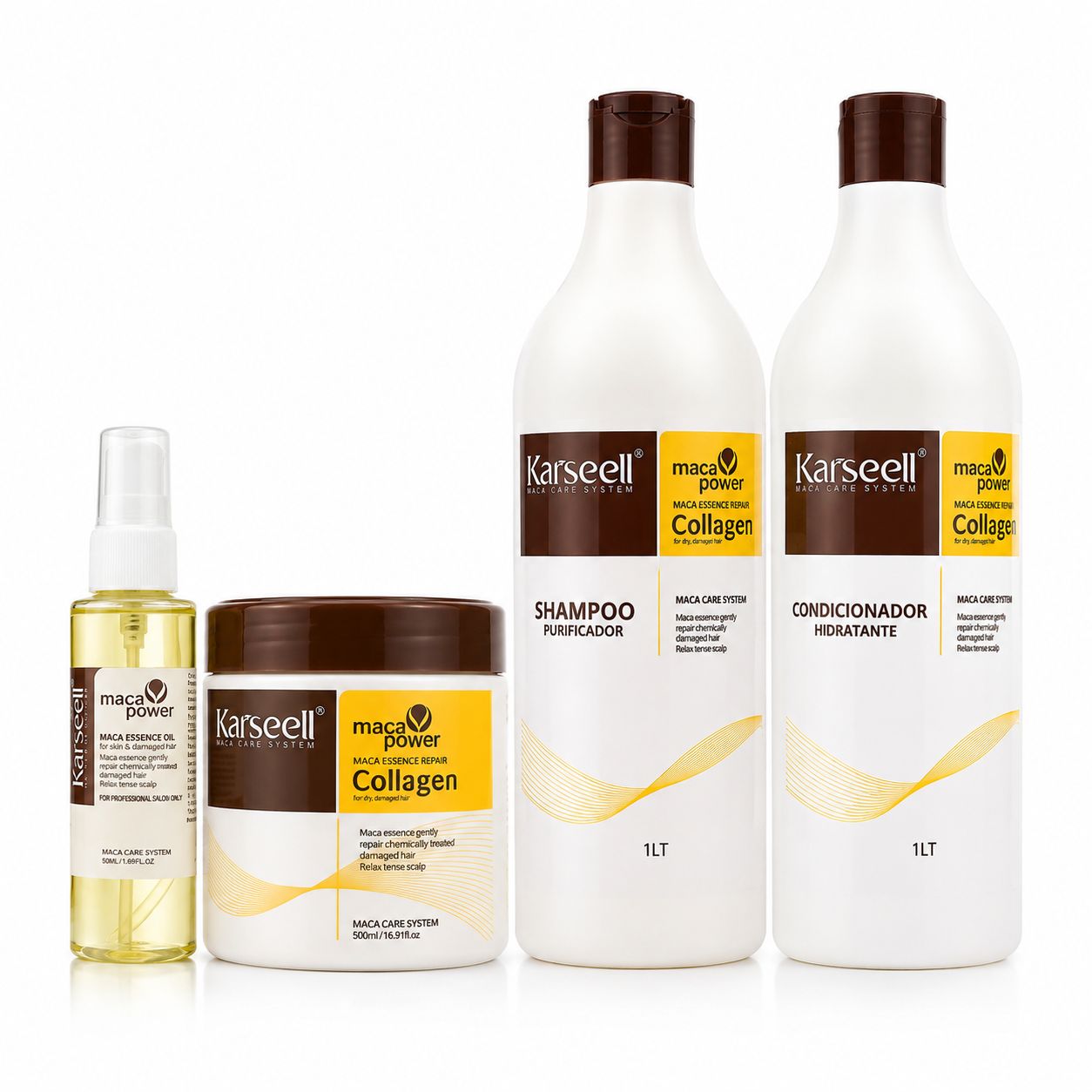 Kit Karseell Maca Power Collagen – Shampoo 1L + Condicionador 1L + Máscara 500g + Oleo Capilar