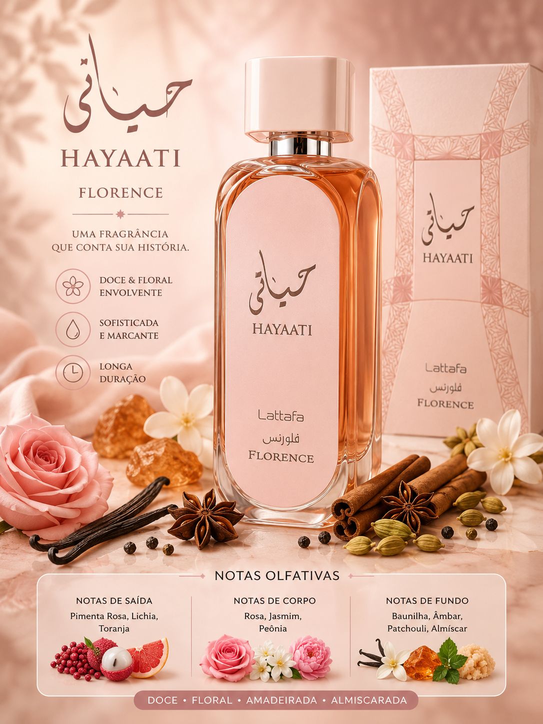 Perfume Hayaati Florence Lattafa Eau de Parfum | Delicadeza Floral e Elegância Sofisticada 🌸