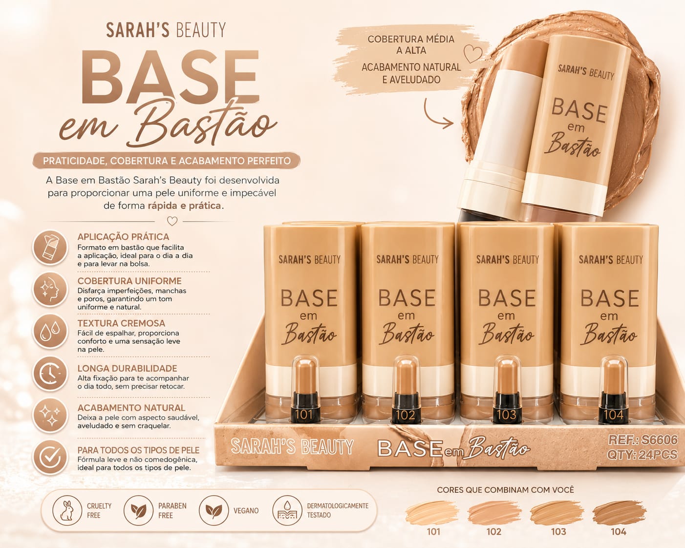 Base em Bastão Sarah’s Beauty Alta Cobertura Natural | Efeito Aveludado Longa Duração | Maquiagem Prática para Todos os Tipos de Pele