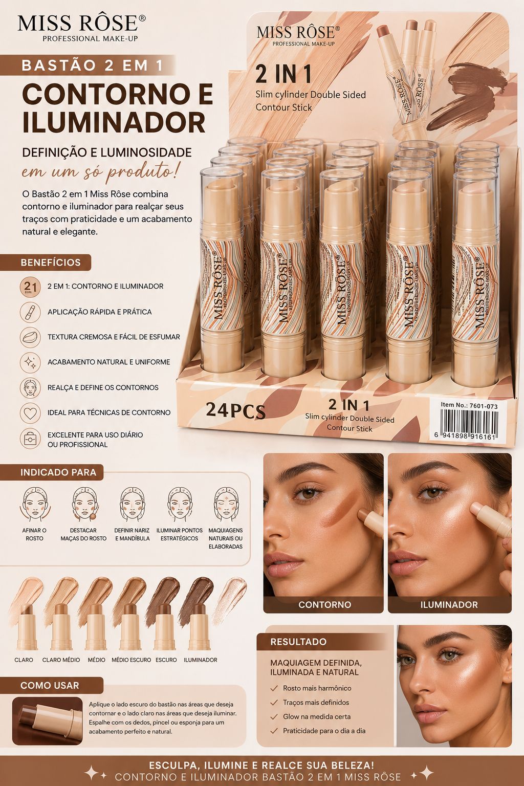 Contorno e Iluminador Bastão 2 em 1 Miss Rôse Professional Make Up | Efeito Natural e Glow Radiante | Fácil de Esfumar e Longa Duração