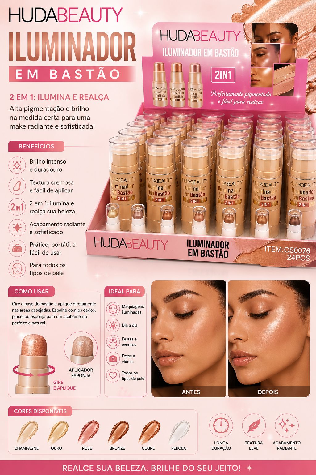 Iluminador em Bastão Huda Beauty 2 em 1 Glow Radiante | Alta Pigmentação e Longa Duração | Efeito Iluminado Profissional