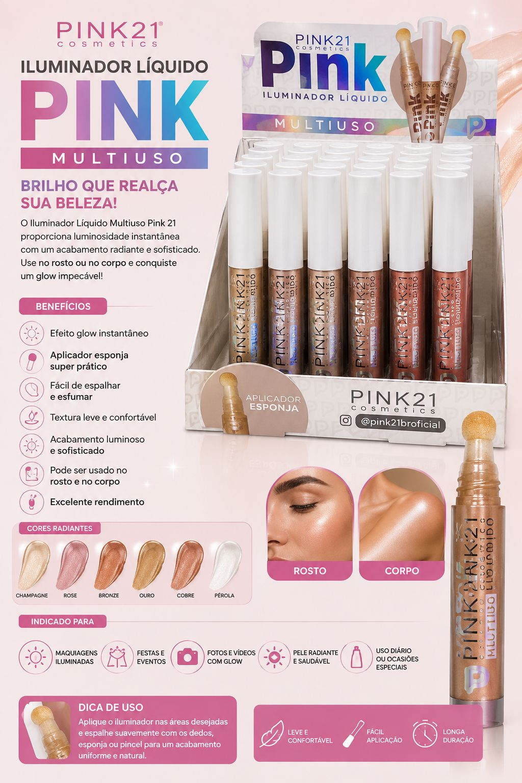 Iluminador Líquido Pink 21 Multiuso Glow Radiante | Alta Fixação e Brilho Intenso | Aplicador Esponja Fácil de Espalhar