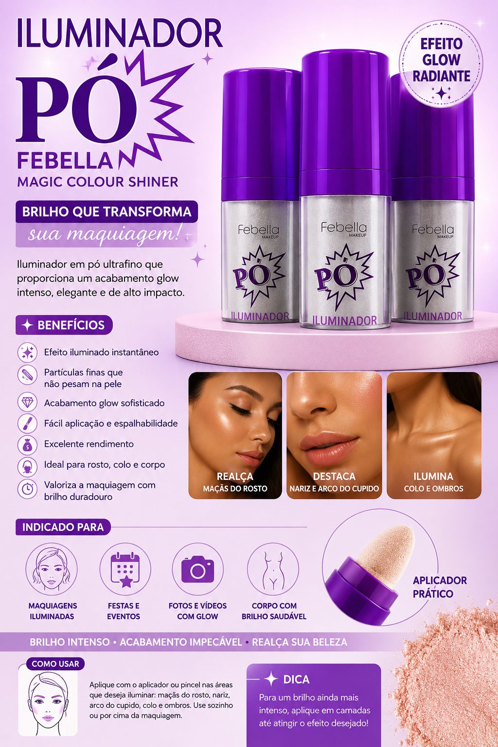 Iluminador Em Pó Febella Magic Colour Shiner Efeito Glow Radiante Alta Fixação Brilho Intenso Maquiagem Profissional