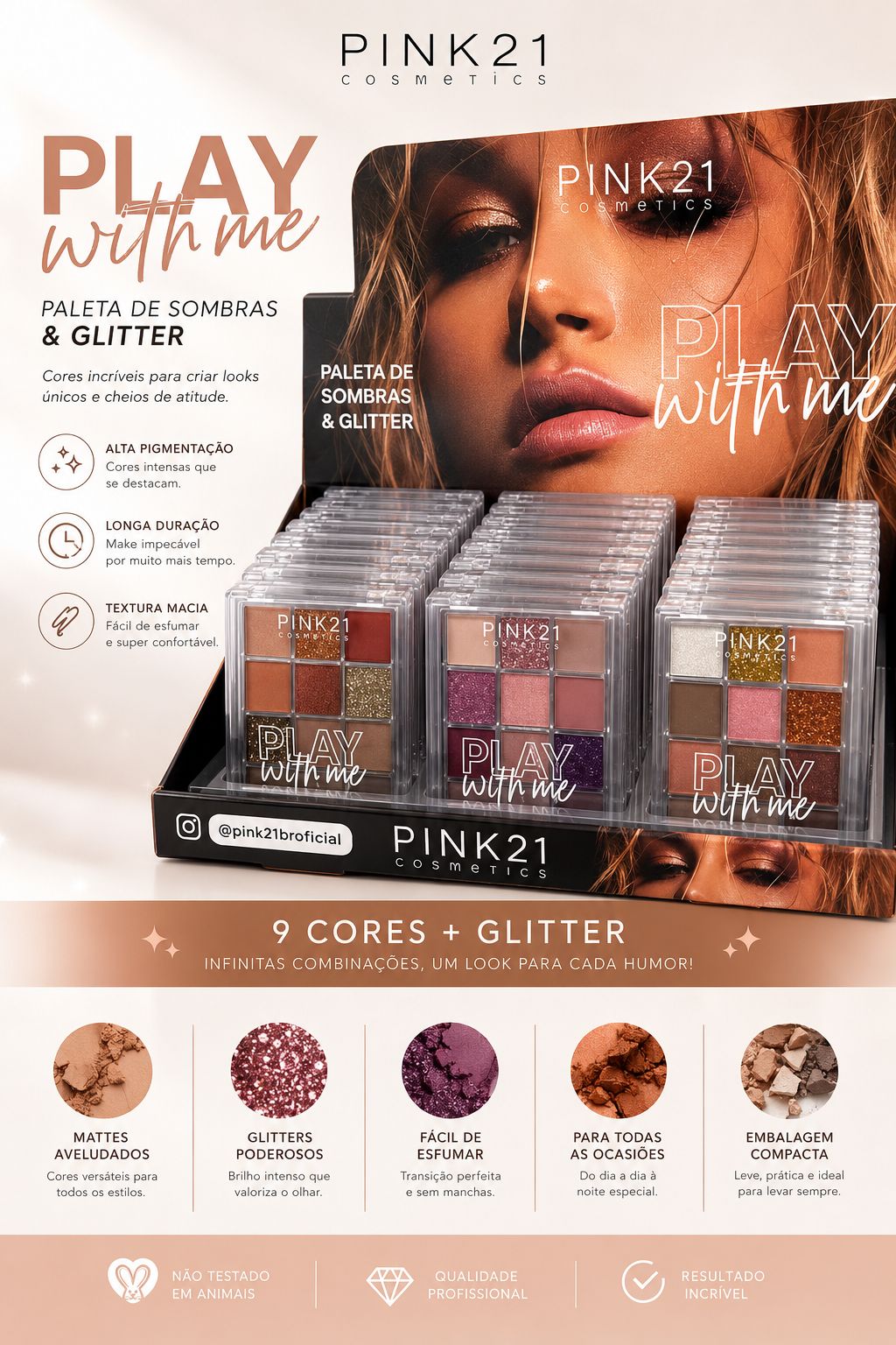 Paleta de Sombras Play With Me Pink 21 9 Cores + Glitter Alta Pigmentação Longa Duração Maquiagem Profissional