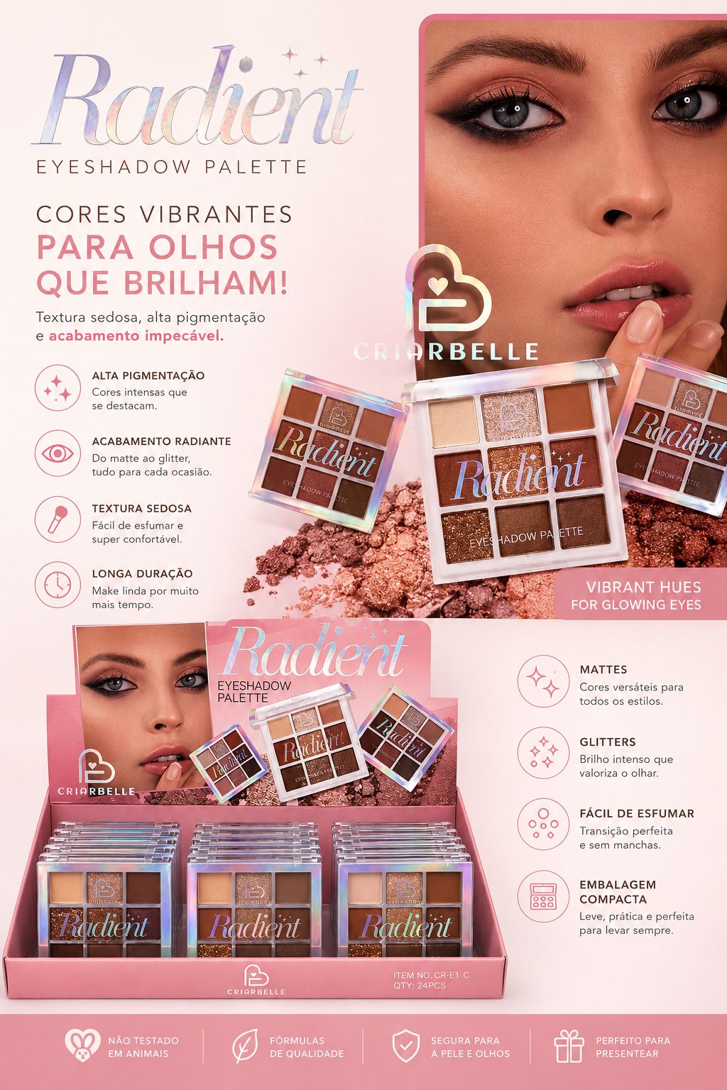 Paleta de Sombras Radiant Criar Belle 9 Cores Matte e Glitter Alta Pigmentação Longa Duração Acabamento Profissional