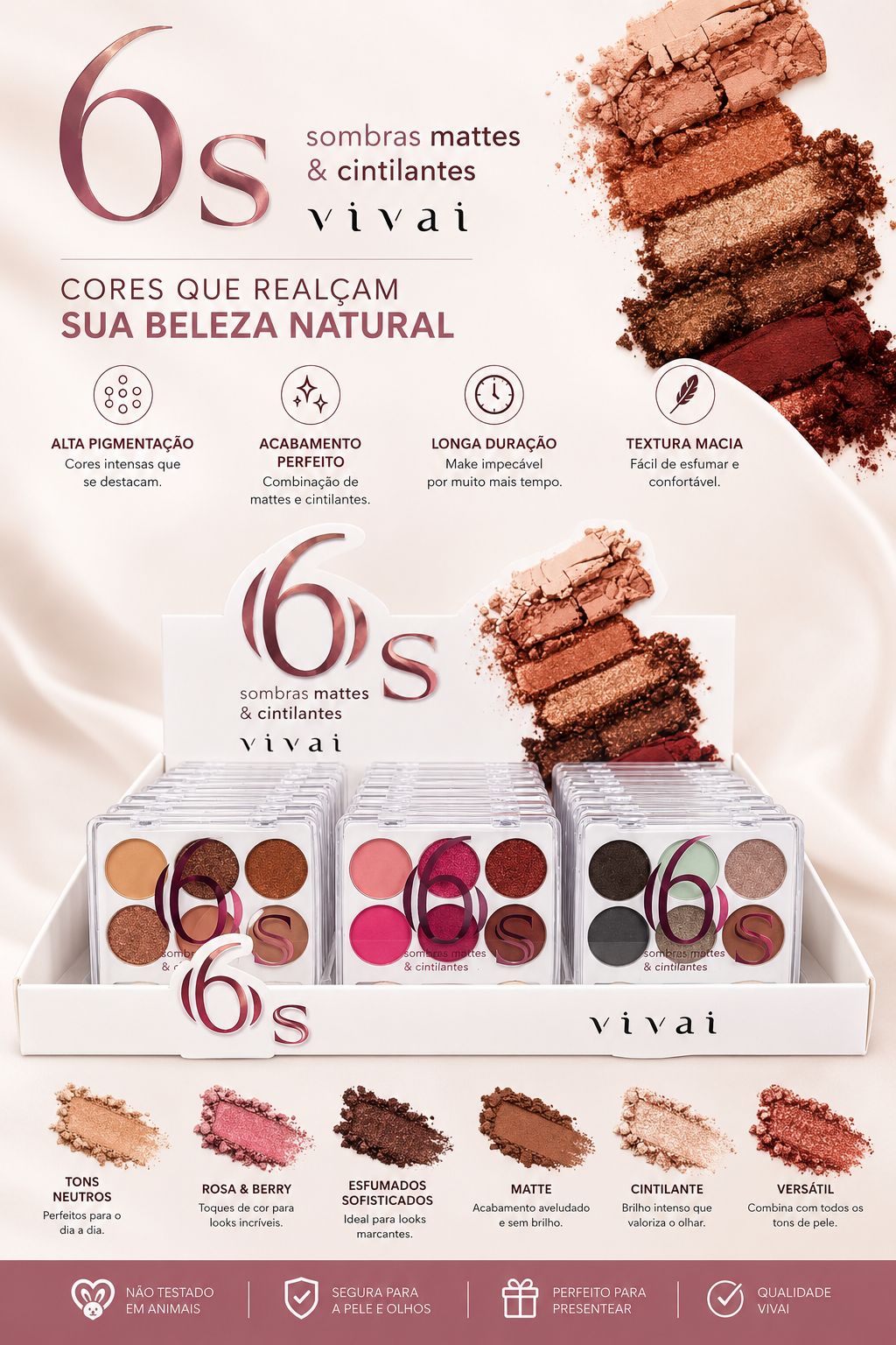 Paleta de Sombras 6 Cores Vivai Matte e Cintilante Alta Pigmentação Longa Duração Fácil Esfumado Maquiagem Profissional