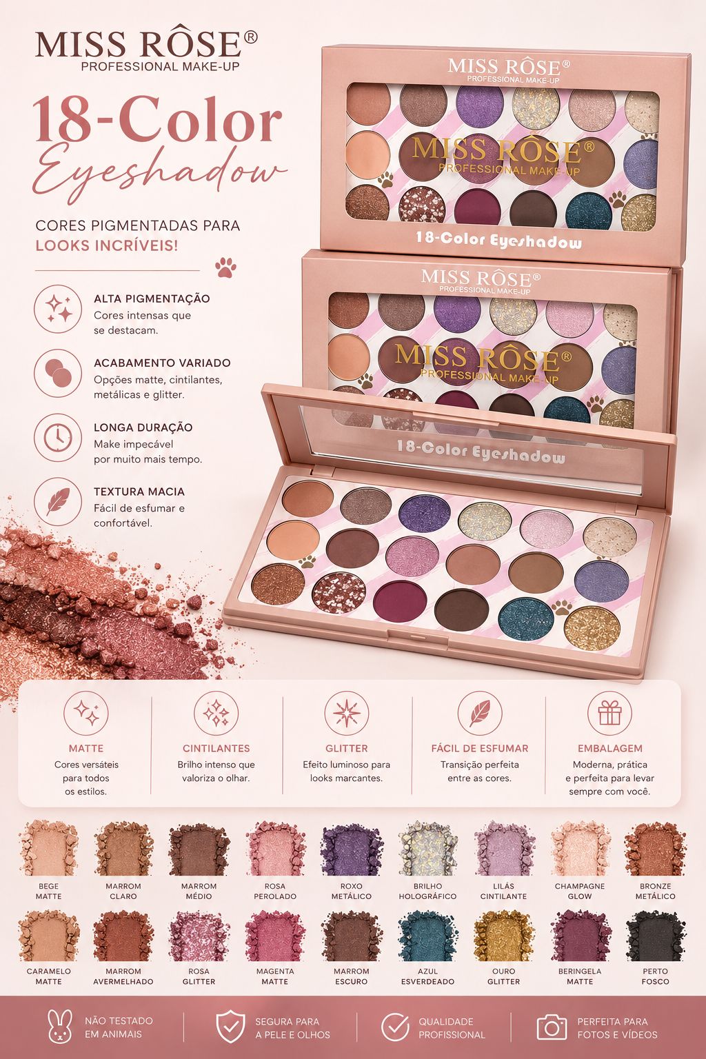 Paleta de Sombras 18 Colors Miss Rôse Alta Pigmentação Matte Cintilante Glitter Longa Duração Maquiagem Profissional