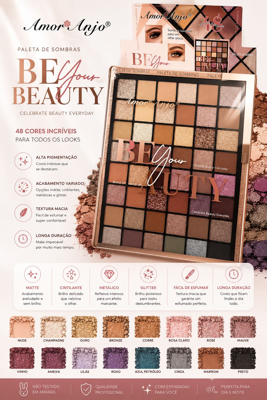 Paleta de Sombras Be Your Beauty Amor Anjo 48 Cores Alta Pigmentação Matte Cintilante Glitter Longa Duração Profissional