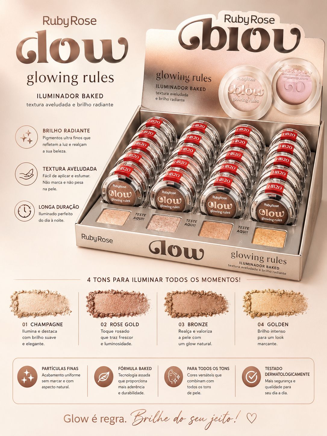 Iluminador Baked Glow Glowing Rules Ruby Rose Brilho Radiante Alta Fixação Efeito Glow Profissional Longa Duração