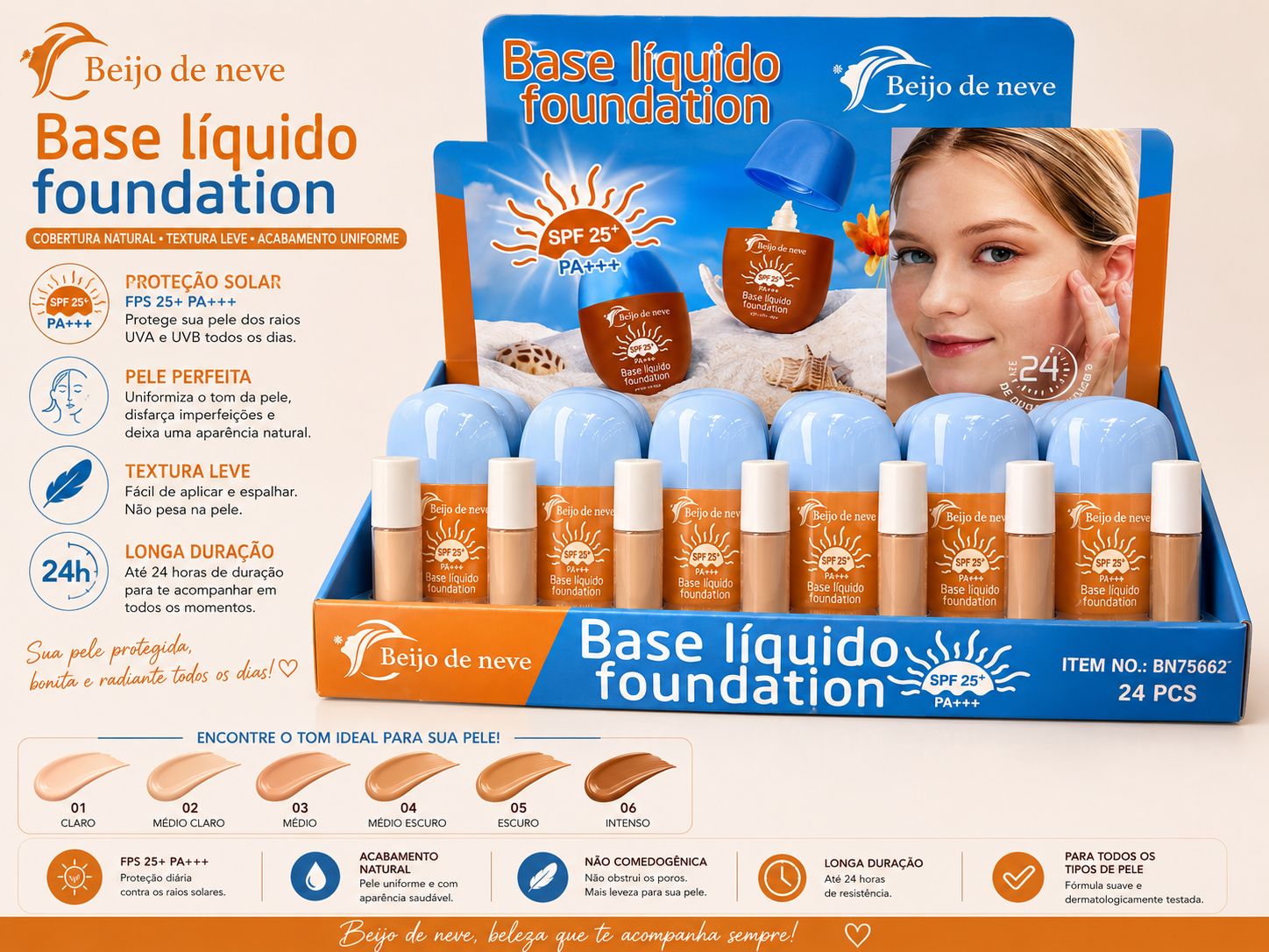 Base Líquida Beijo de Neve Foundation FPS 25 PA+++ Alta Cobertura Longa Duração Acabamento Natural Pele Perfeita