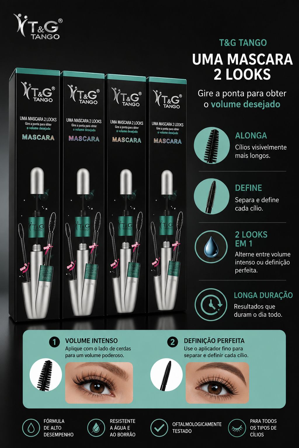 Máscara de Cílios T&G Tango 2 Looks 2 em 1 Alongamento Volume Definição Longa Duração Resistente à Água