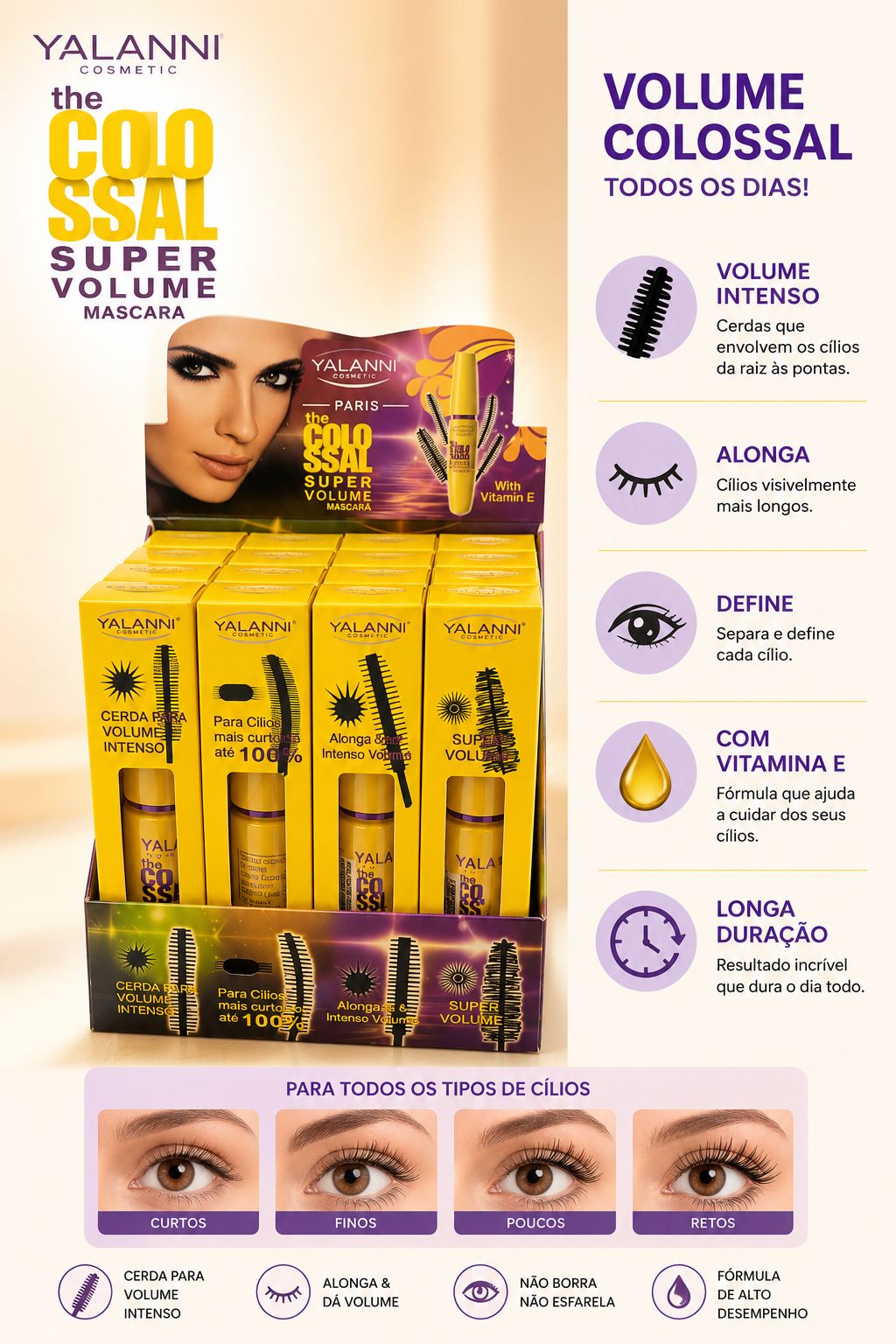 Máscara de Cílios Colossal Super Volume Yalanni Cosmetic Alongamento Extremo Longa Duração Volume Intenso Vitamina E
