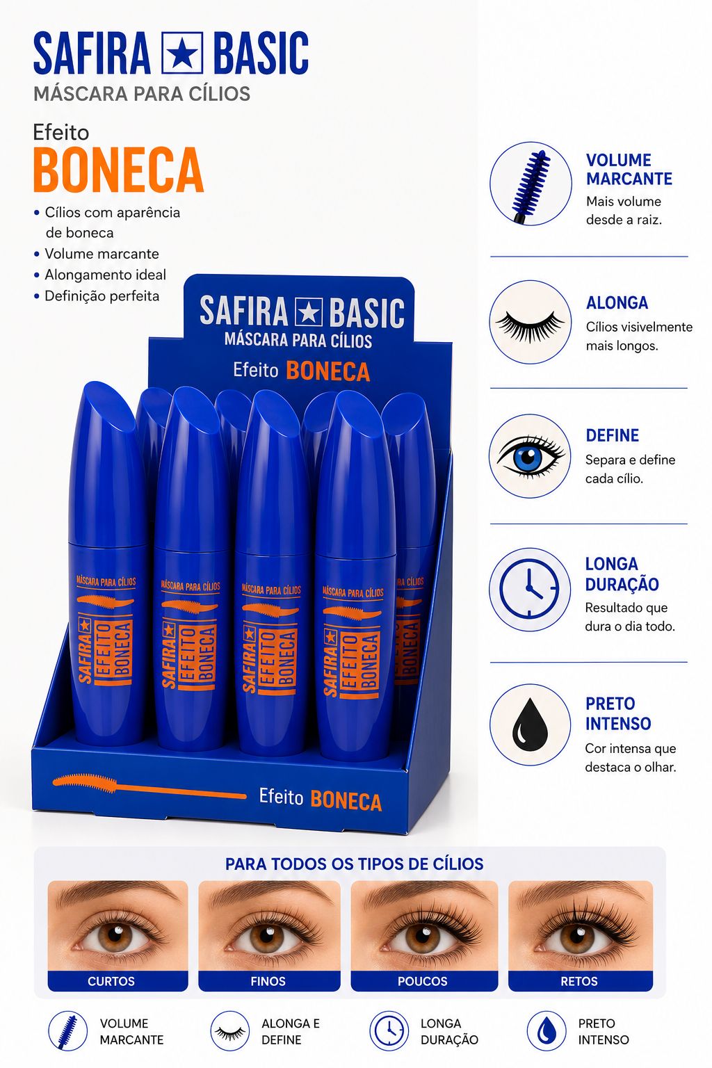 Máscara de Cílios Safira Basic Efeito Boneca Volume Marcante Alongamento Extremo Longa Duração Preto Intenso