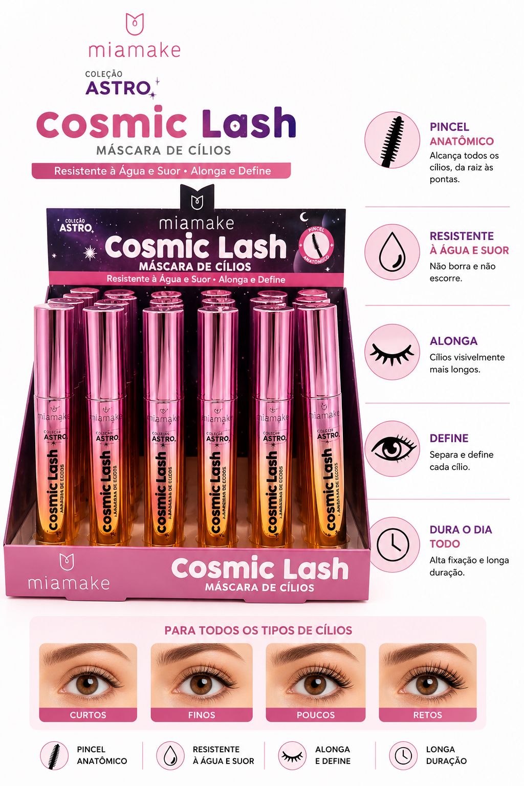 Máscara de Cílios Mia Make Cosmic Lash Coleção Astro Alonga e Define Resistente à Água Longa Duração Alta Fixação