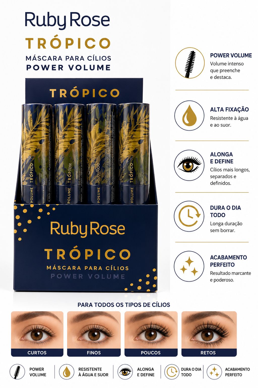 Máscara para Cílios Ruby Rose Trópico Power Volume Alonga Define Resistente à Água Longa Duração Efeito Volume Intenso