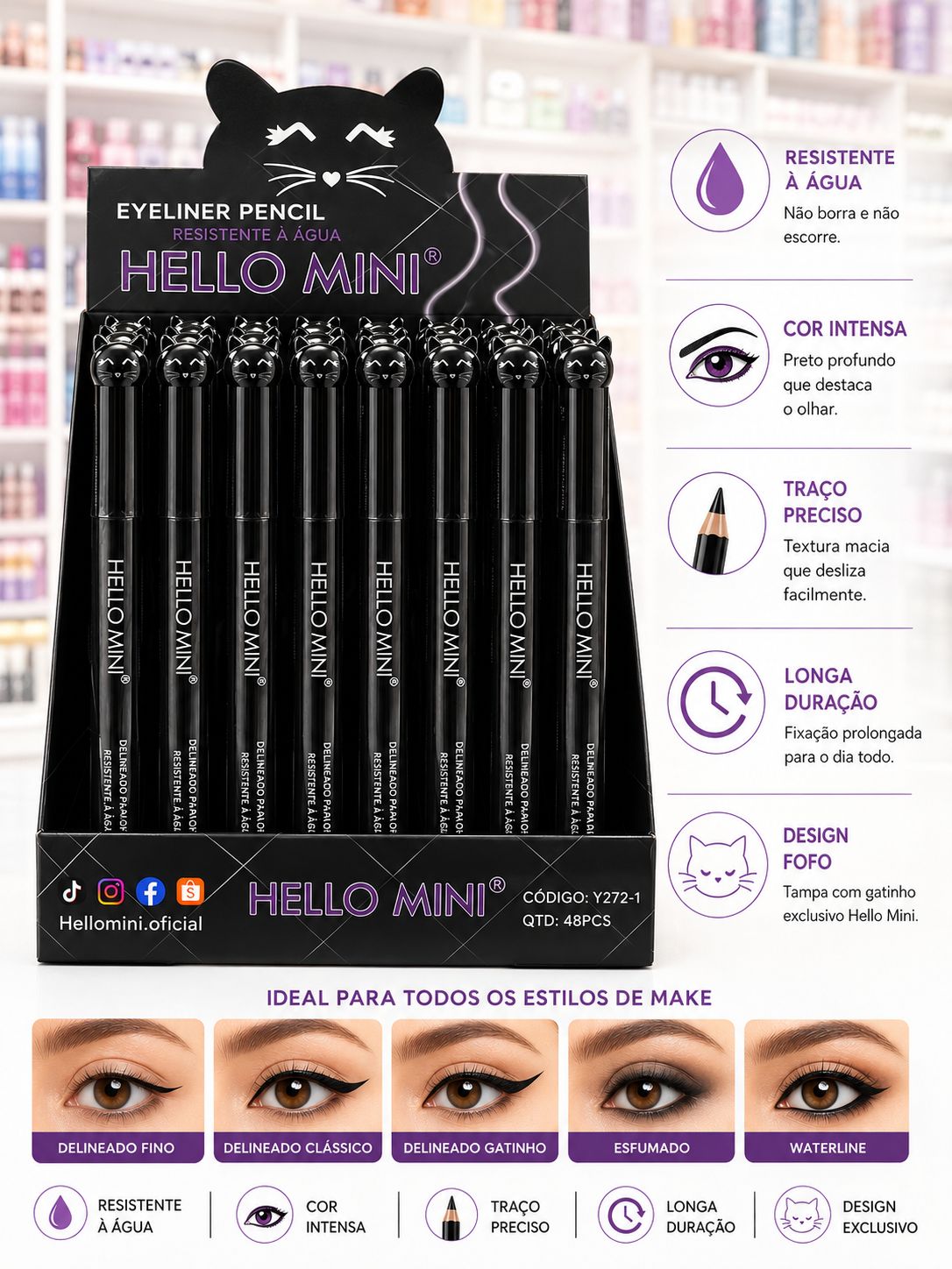 Delineador em Lápis Hello Mini Eyeliner Pencil Resistente à Água Longa Duração Preto Intenso Traço Preciso Profissional