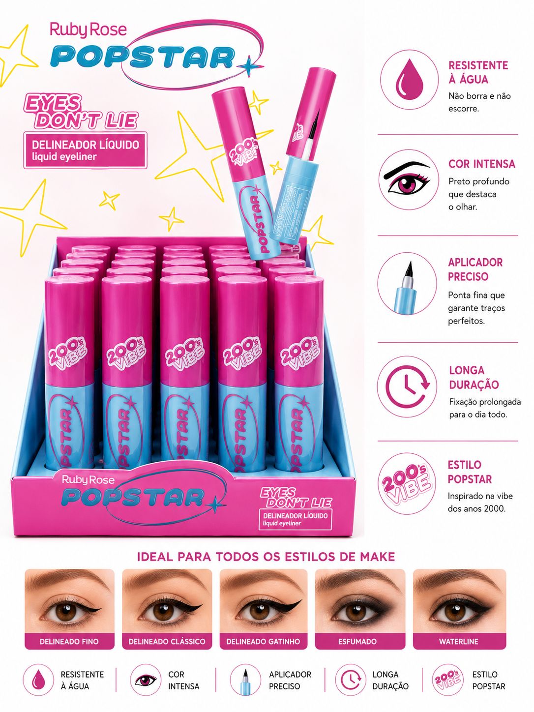 Delineador Líquido Ruby Rose Popstar Eyes Don't Lie 200's Vibe Resistente à Água Preto Intenso Longa Duração Traço Preciso
