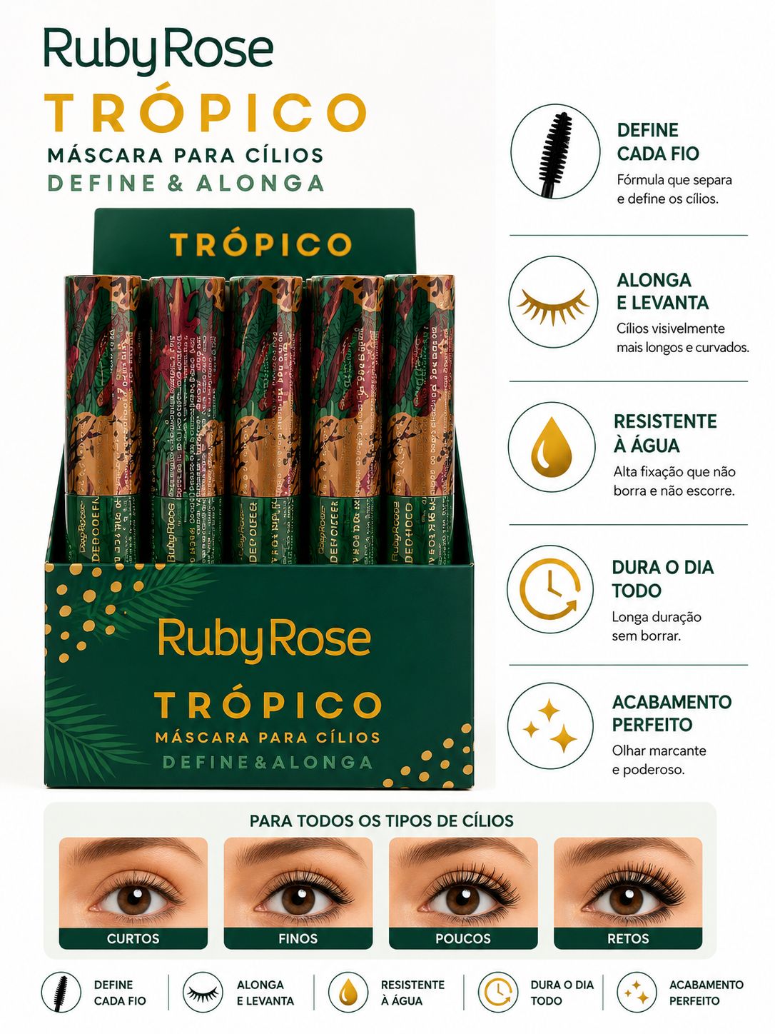 Máscara para Cílios Ruby Rose Trópico Define & Alonga Resistente à Água Longa Duração Alongamento Extremo Definição Perfeita