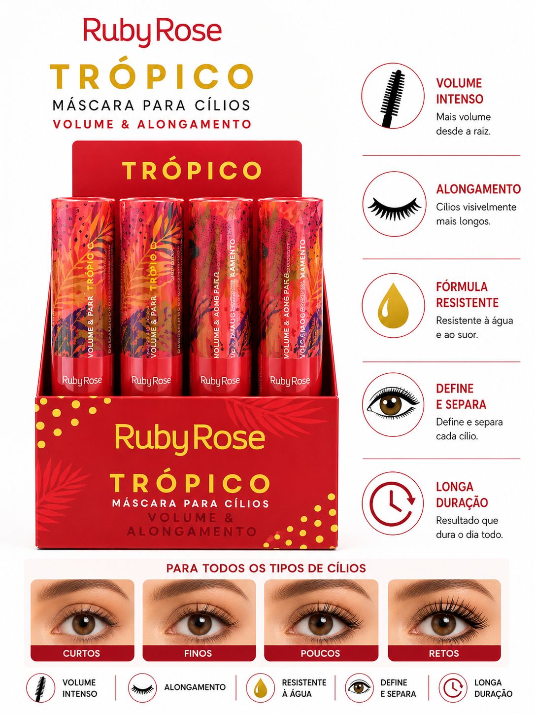 Máscara para Cílios Ruby Rose Trópico Volume & Alongamento Resistente à Água Longa Duração Volume Intenso Efeito Profissional