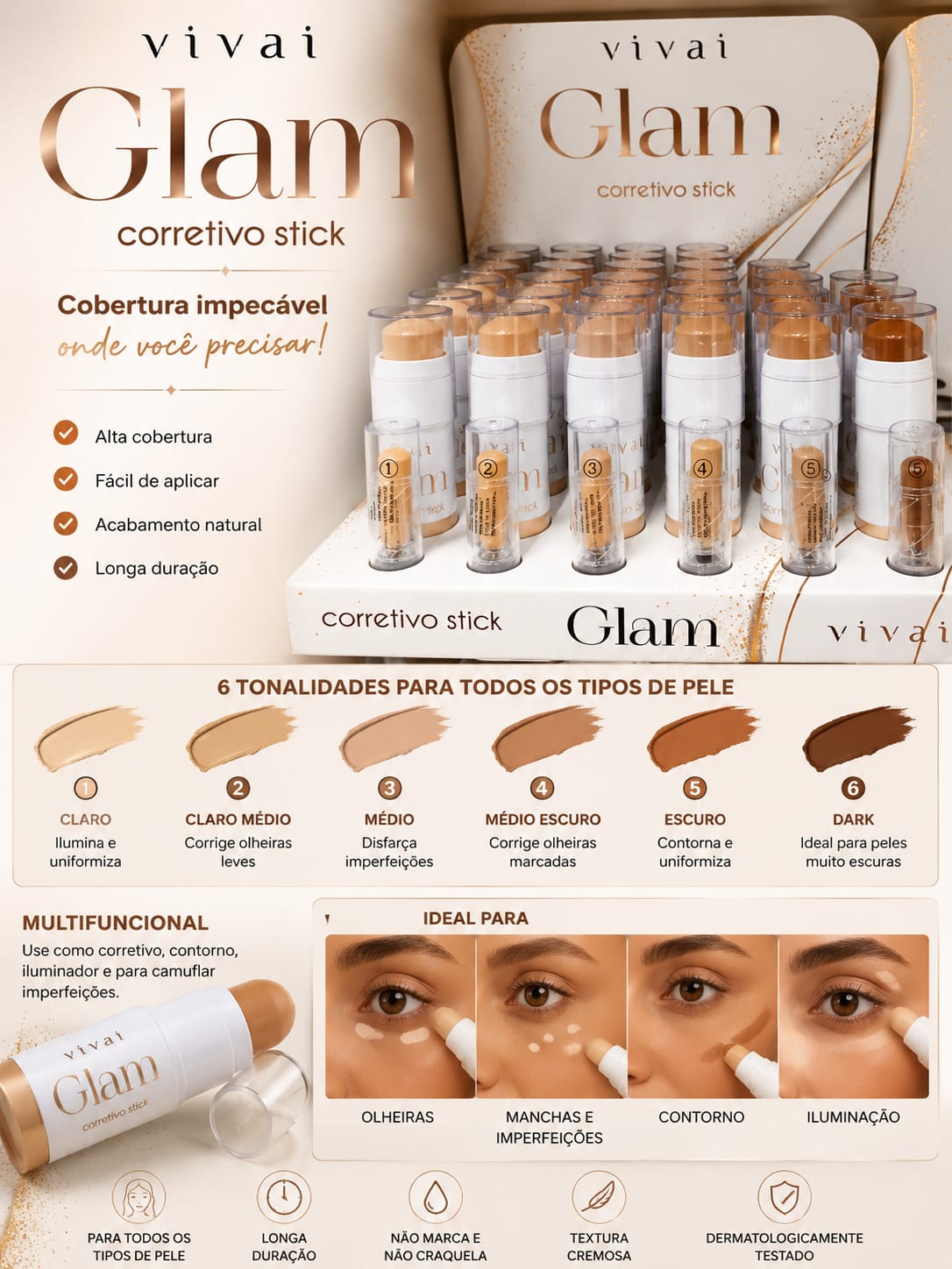 Corretivo Stick Glam Vivai Alta Cobertura Multifuncional | Longa Duração e Acabamento Natural | Disfarça Olheiras e Imperfeições