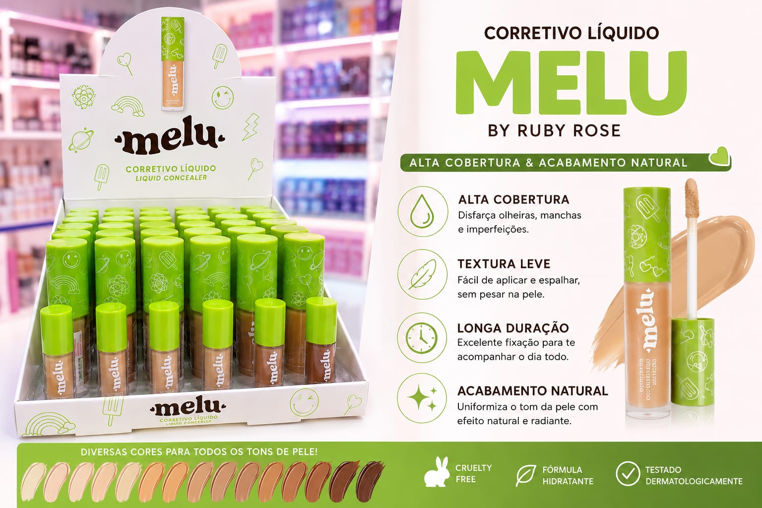 Corretivo Líquido Melu by Ruby Rose Alta Cobertura | Longa Duração e Acabamento Natural | Disfarça Olheiras e Imperfeições com Efeito Profissional
