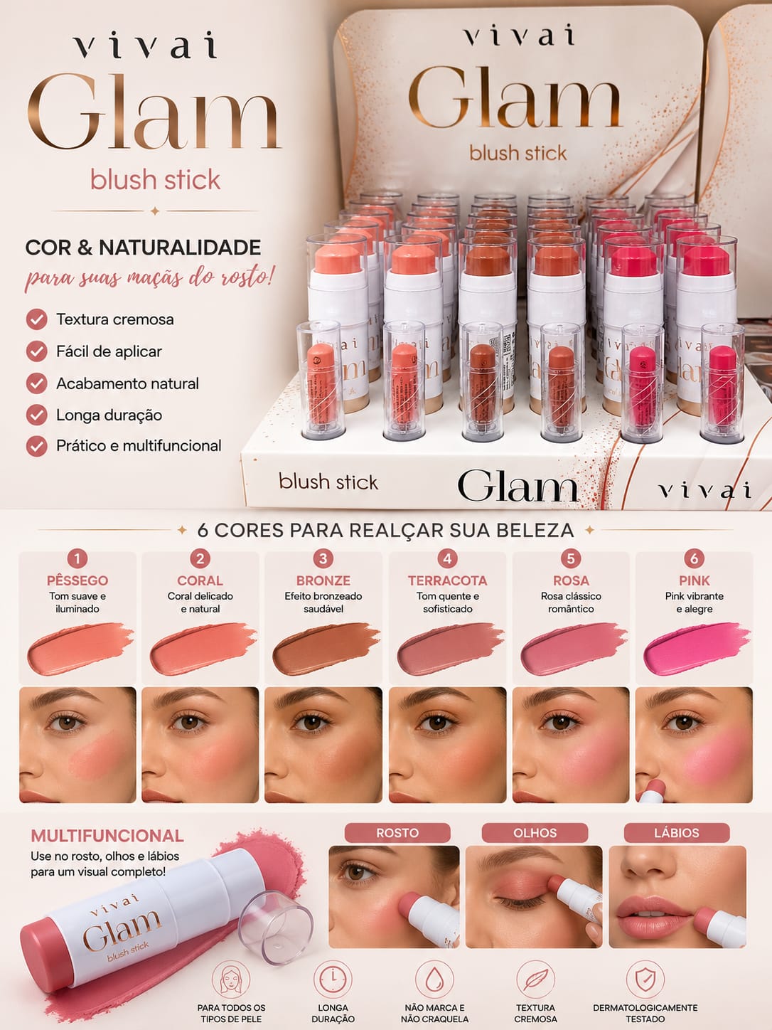 Blush Stick Glam Vivai Efeito Natural e Longa Duração | Textura Cremosa Multifuncional | Cor Intensa para Rosto, Olhos e Lábios