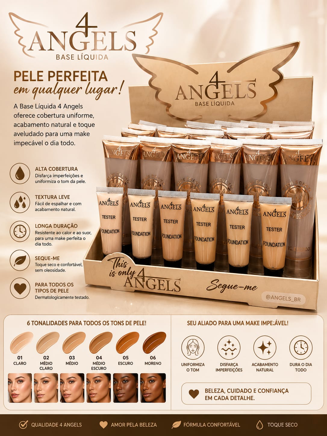 Base Líquida 4 Angels Alta Cobertura Efeito Aveludado | Longa Duração e Toque Seco | Pele Perfeita com Acabamento Natural