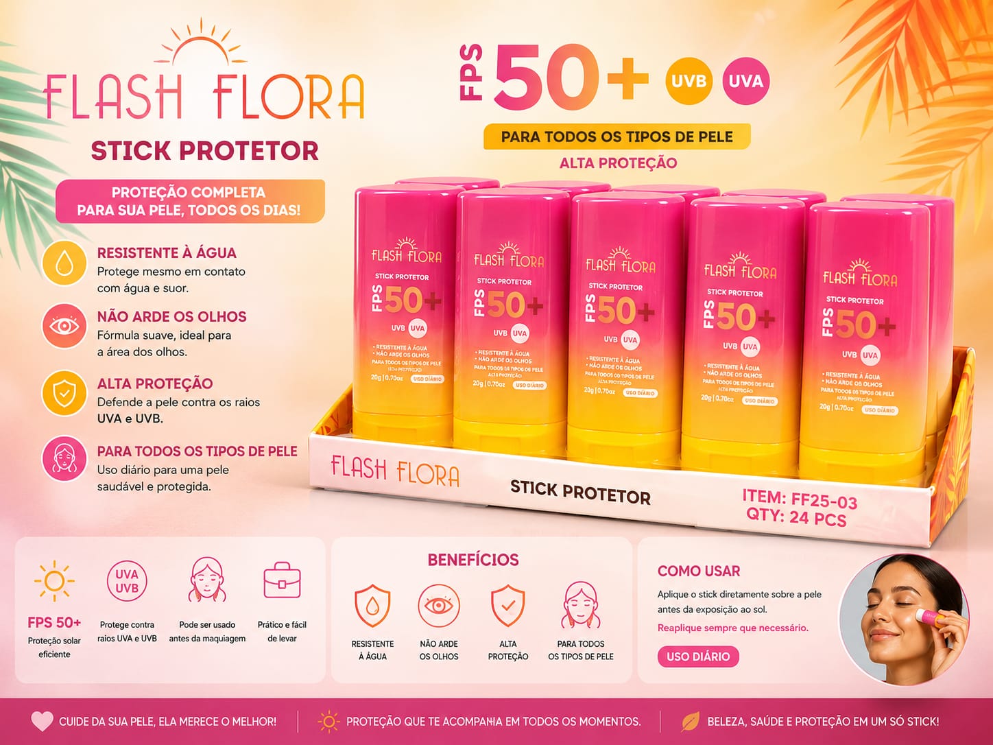 Protetor Solar Stick Flash Flora FPS 50+ UVA/UVB | Alta Proteção e Resistente à Água | Praticidade para Uso Diário em Todos os Tipos de Pele