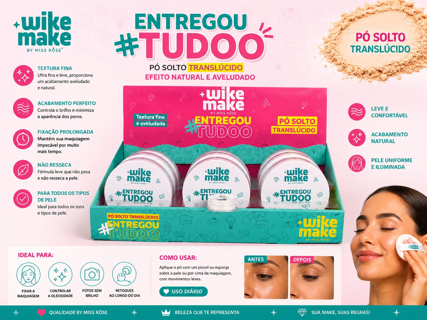 Pó Solto Translúcido Entregou Tudoo Wike Make by Miss Rôse | Efeito Aveludado e Controle da Oleosidade | Fixação Prolongada para Make Perfeita