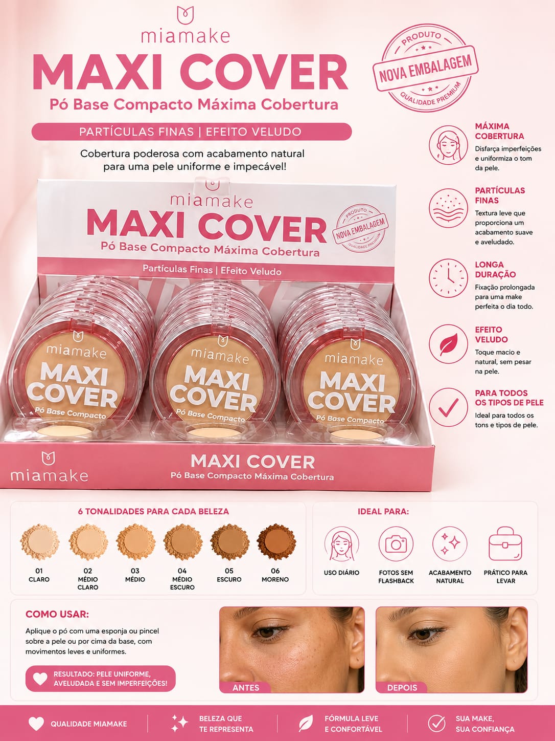 Pó Base Compacto Maxi Cover Miamake Máxima Cobertura | Efeito Aveludado e Longa Duração | Pele Perfeita com Acabamento Natural