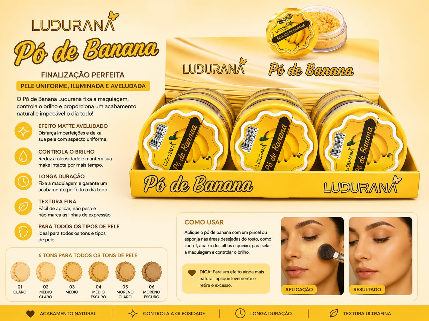Pó de Banana Ludurana Efeito Matte Aveludado | Controle da Oleosidade e Longa Duração | Acabamento Profissional para Pele Perfeita