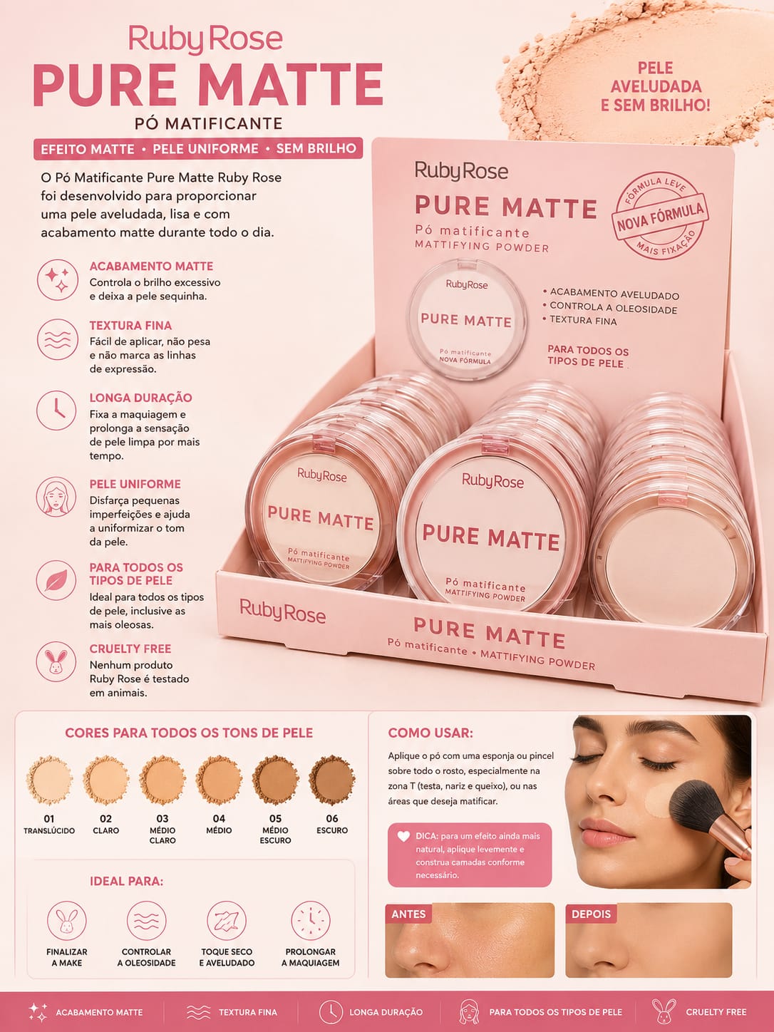 Pó Matificante Pure Matte Ruby Rose Efeito Matte Aveludado | Controle da Oleosidade e Longa Duração | Pele Perfeita Sem Brilho