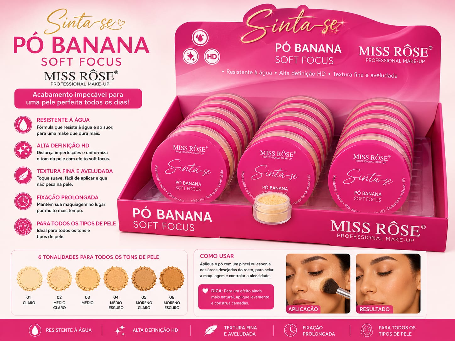 Pó Banana Soft Focus Miss Rôse Alta Definição HD | Efeito Aveludado e Longa Duração | Controle da Oleosidade e Acabamento Profissional