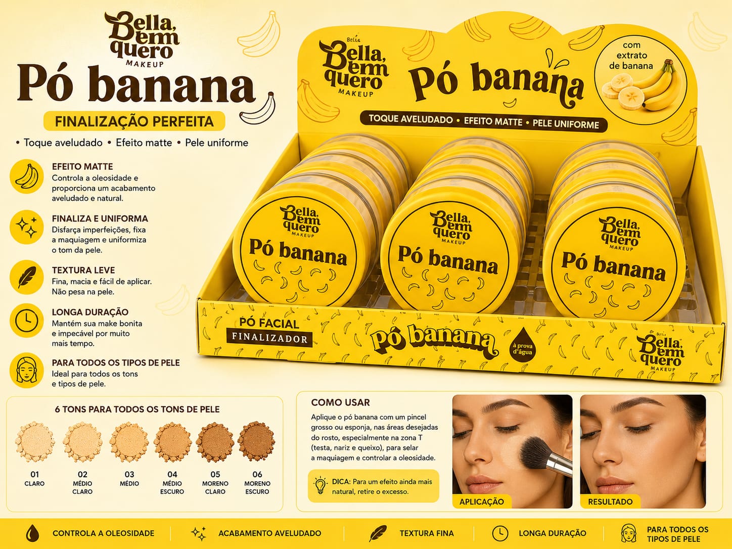 Pó Banana Bella Bem Quero Efeito Matte Aveludado | Controle da Oleosidade e Longa Duração | Finalização Profissional para Pele Perfeita
