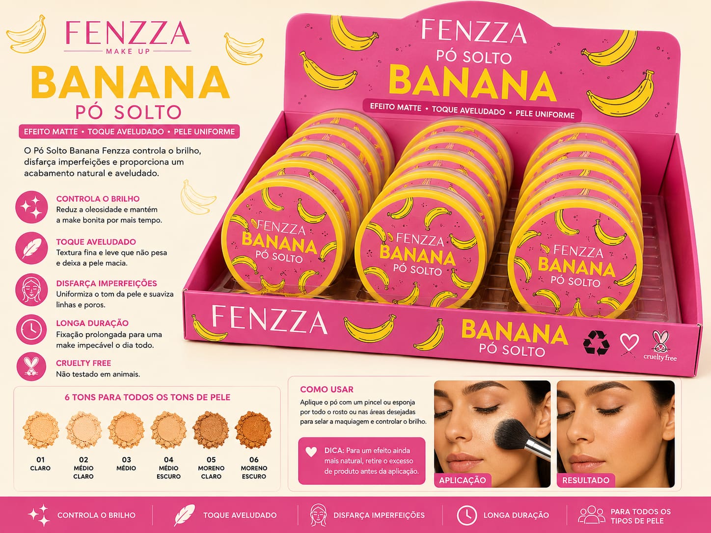 Pó Solto Banana Fenzza Make Up Efeito Matte Aveludado | Controle da Oleosidade e Longa Duração | Pele Uniforme com Acabamento Profissional
