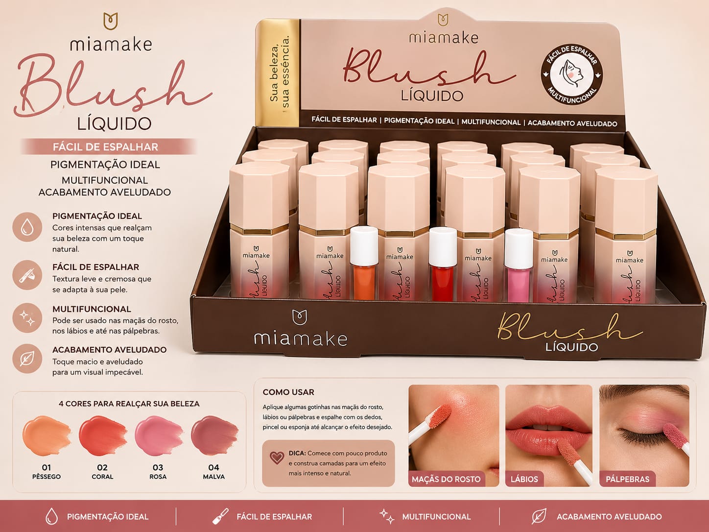 Blush Líquido Miamake Fácil de Espalhar | Alta Pigmentação e Acabamento Aveludado | Multifuncional para Rosto, Lábios e Olhos