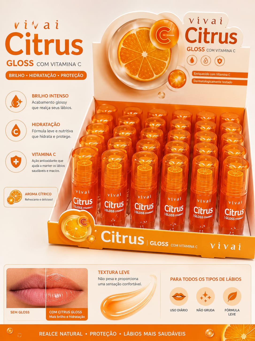 Gloss Labial Citrus Vivai com Vitamina C | Brilho Intenso, Hidratação Profunda e Proteção Diária | Sucesso de Vendas