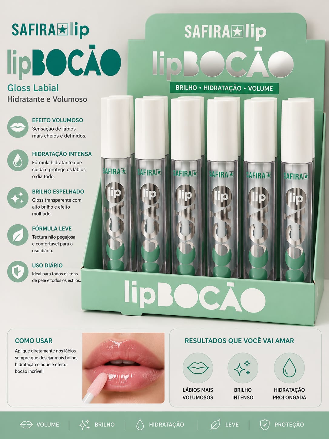 Gloss Labial Lip Bocão Safira Lip | Efeito Volumoso, Hidratação Intensa e Brilho Espelhado | Tendência de Vendas