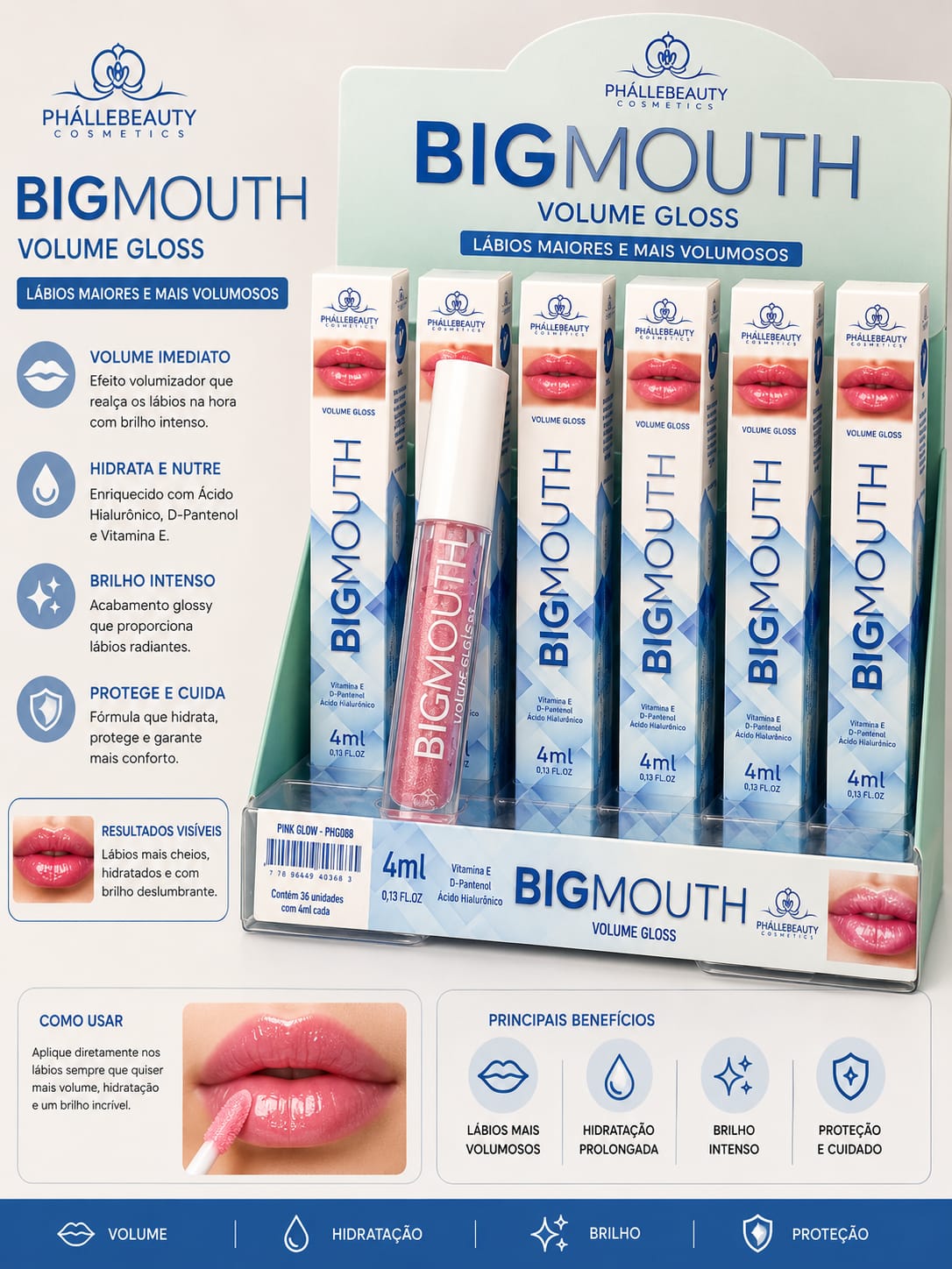Gloss Volumizador Big Mouth Phállebeauty Cosmetics | Ácido Hialurônico + Vitamina E | Efeito Bocão, Brilho Intenso e Hidratação Profunda | Sucesso de Vendas