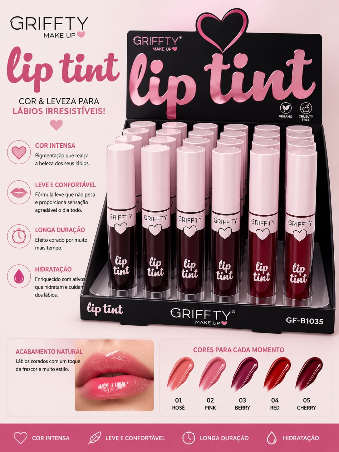 Lip Tint Griffty Make Up | Longa Duração, Cor Intensa e Hidratação | Efeito Natural, Vegano e Sucesso de Vendas