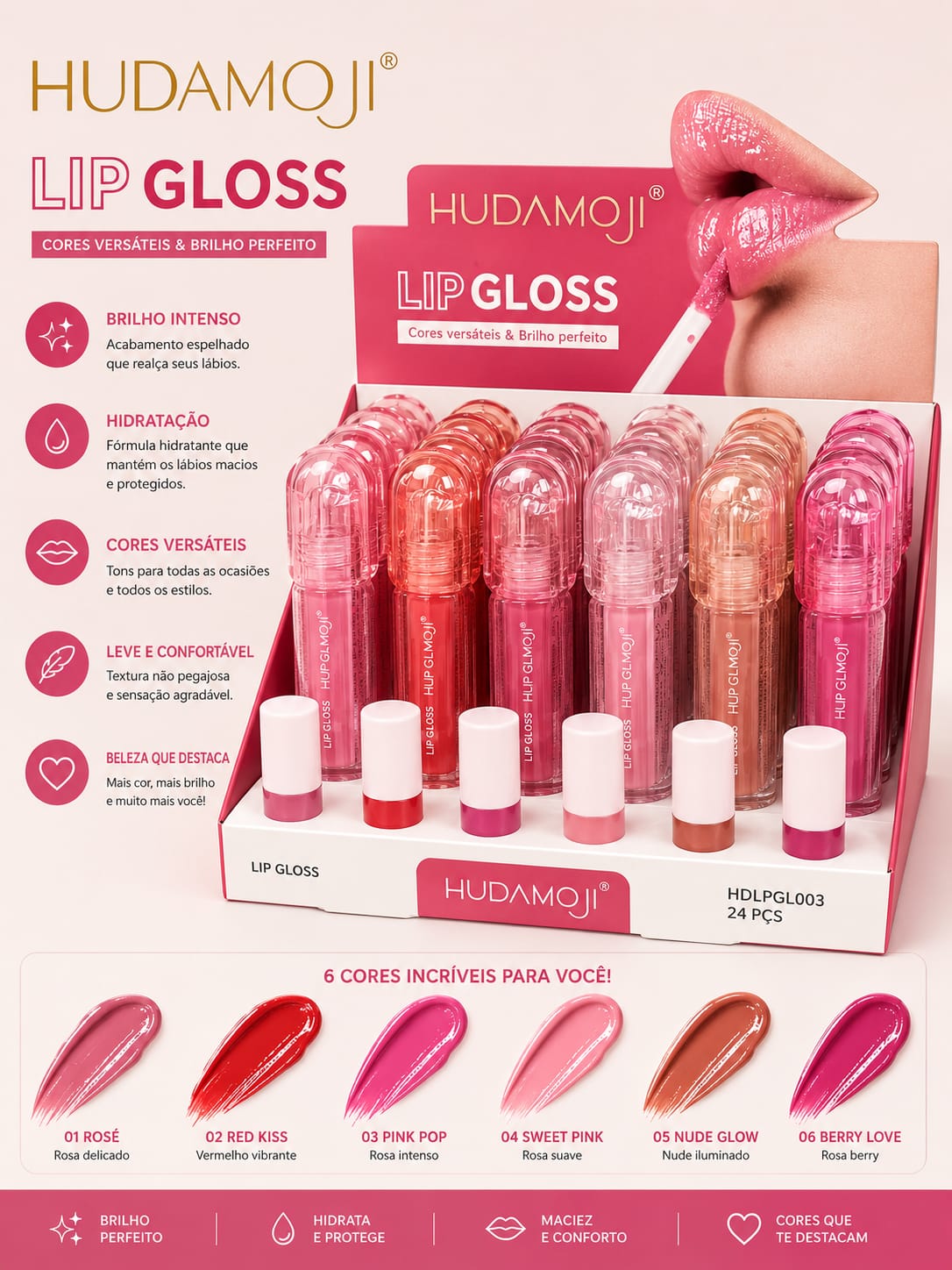 Lip Gloss Hudamoji | Brilho Espelhado, Hidratação Intensa e Efeito Volumoso | Lançamento Queridinho das Maquiadoras