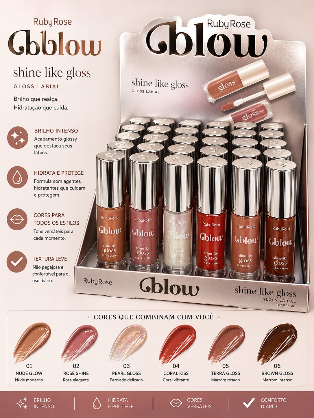 Gloss Labial Glow Shine Like Gloss Ruby Rose | Brilho Espelhado, Hidratação Intensa e Cores Elegantes | Lançamento Exclusivo e Sucesso de Vendas