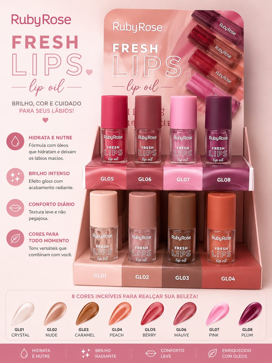Lip Oil Fresh Lips Ruby Rose | Hidratante Labial com Cor, Brilho Intenso e Nutrição Profunda | Lábios Macios, Radiantes e Tendência de Vendas
