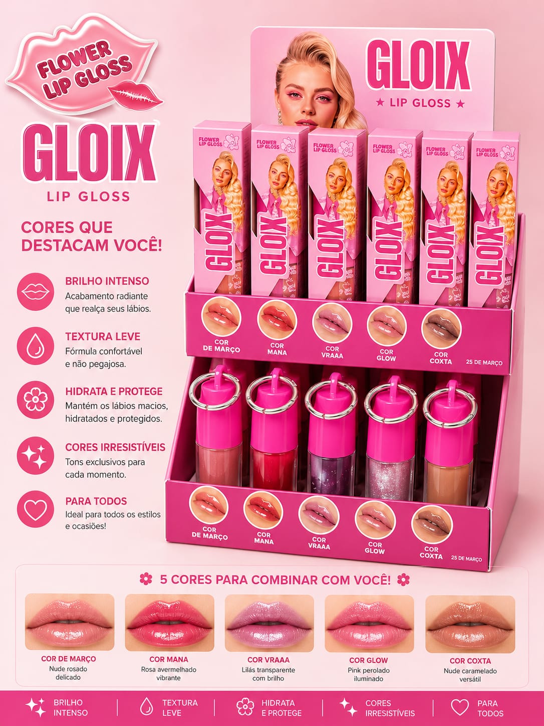 Gloss Labial GLOIX Flower Lip Gloss | Brilho Intenso, Hidratação e Efeito Espelhado | 5 Cores Exclusivas | Tendência Viral e Alta Procura