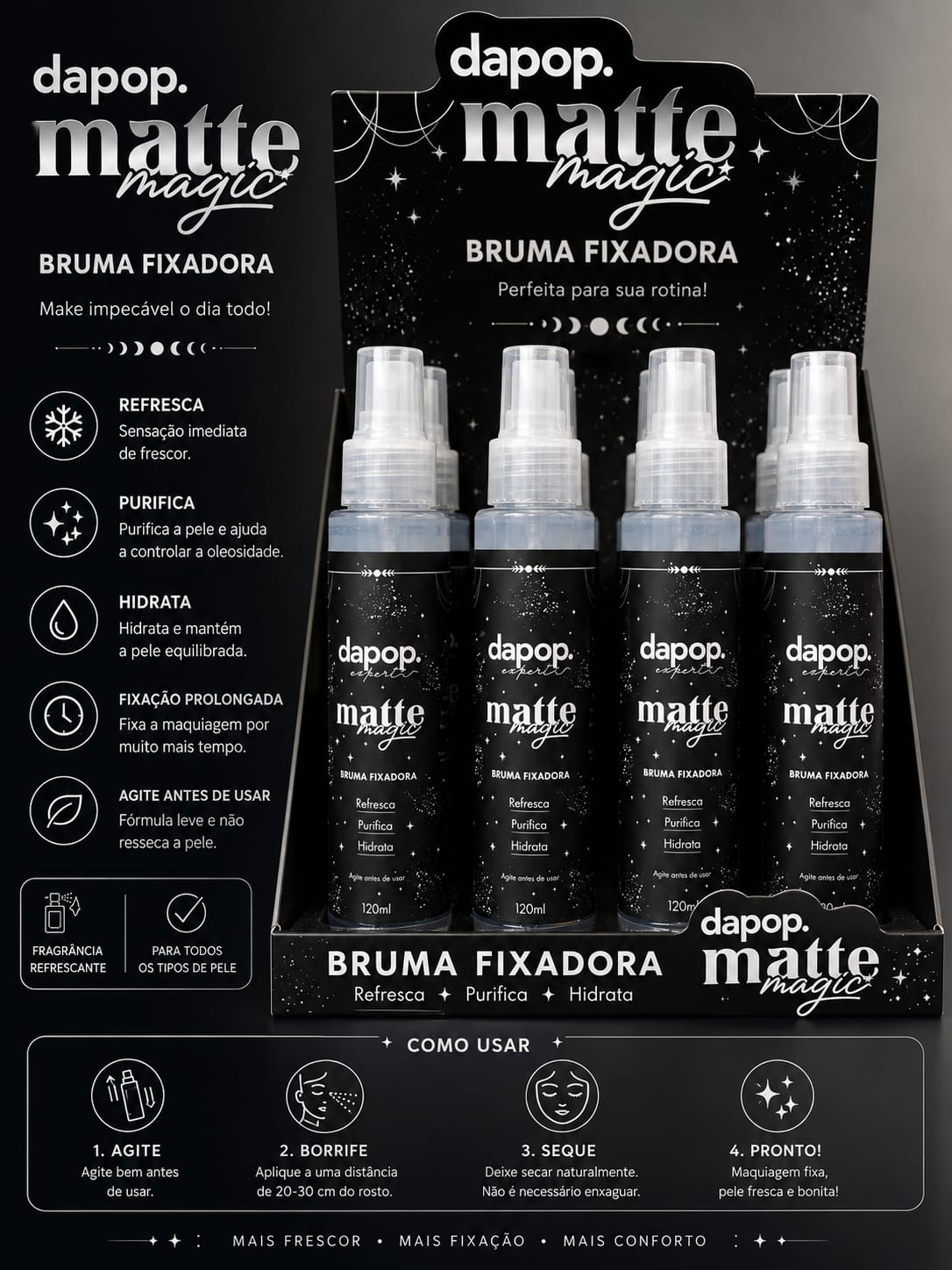 Bruma Fixadora Matte Magic Dapop | Fixação Prolongada, Controle da Oleosidade e Efeito Matte | Maquiagem Perfeita o Dia Todo | Alta Procura