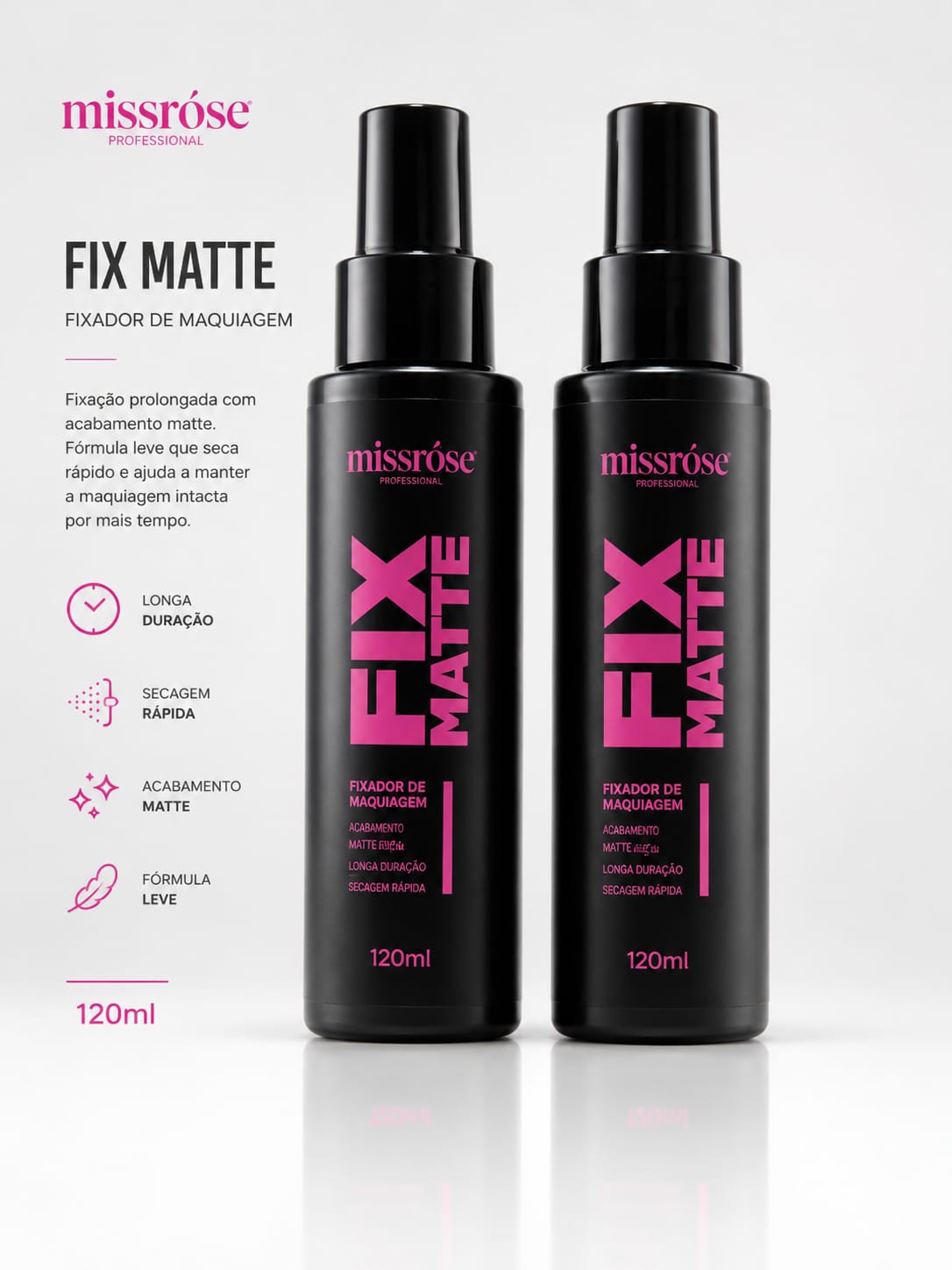 Fixador de Maquiagem Fix Matte Miss Rôse 120ml | Bruma Fixadora Efeito Matte, Longa Duração e Secagem Rápida | Maquiagem Perfeita o Dia Todo