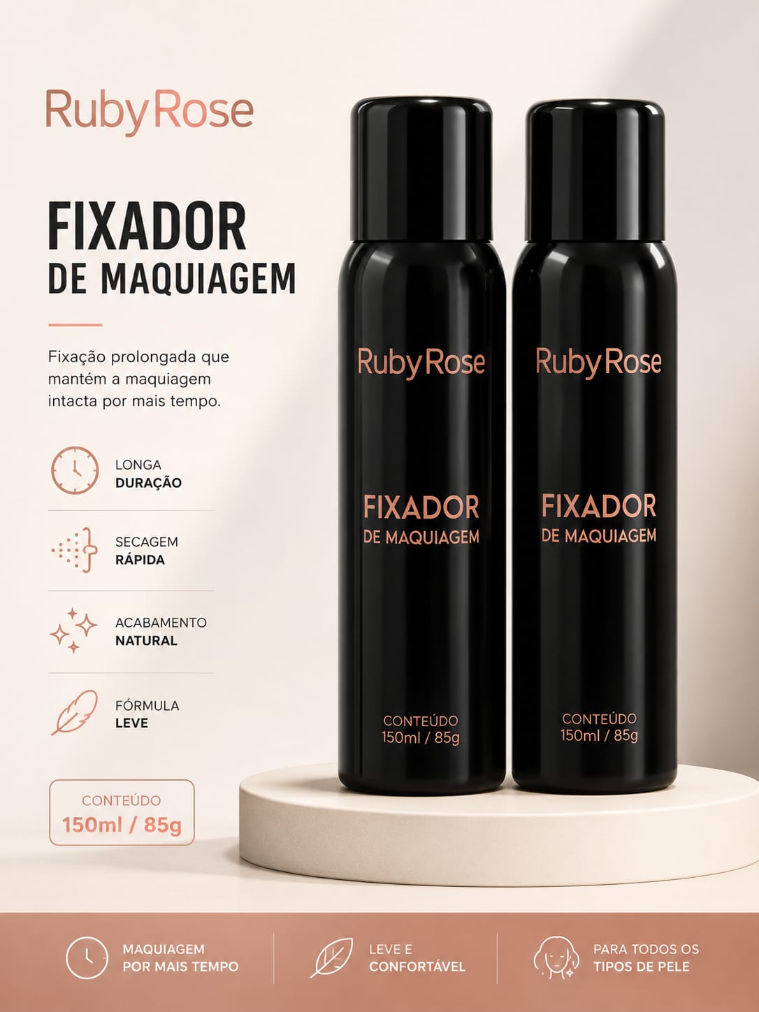Fixador de Maquiagem Ruby Rose 150ml | Longa Duração, Secagem Rápida e Acabamento Natural | Bruma Fixadora Profissional | Sucesso de Vendas