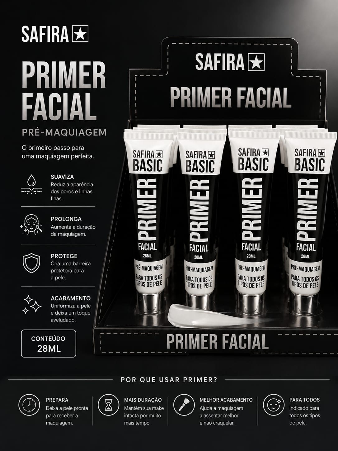 Primer Facial Safira Basic 28ml | Pré-Maquiagem Efeito Aveludado, Minimiza Poros e Prolonga a Make | Pele Perfeita e Acabamento Profissional