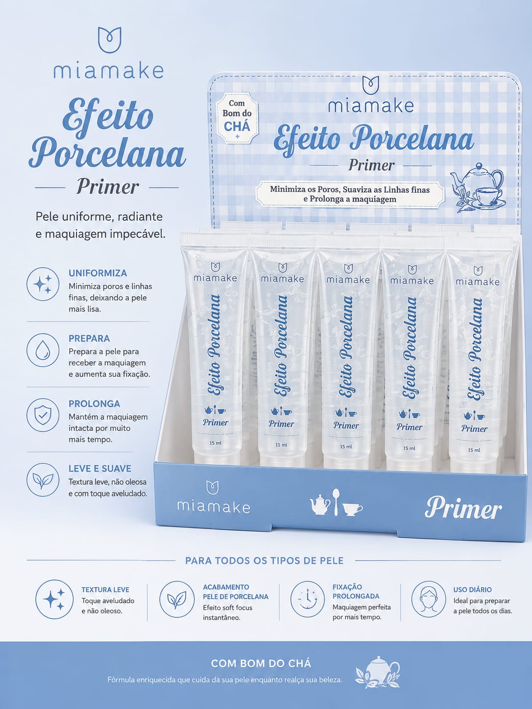 Primer Efeito Porcelana Miamake | Pele de Porcelana, Minimiza Poros e Linhas Finas | Pré-Maquiagem com Fixação Prolongada | Sucesso de Vendas