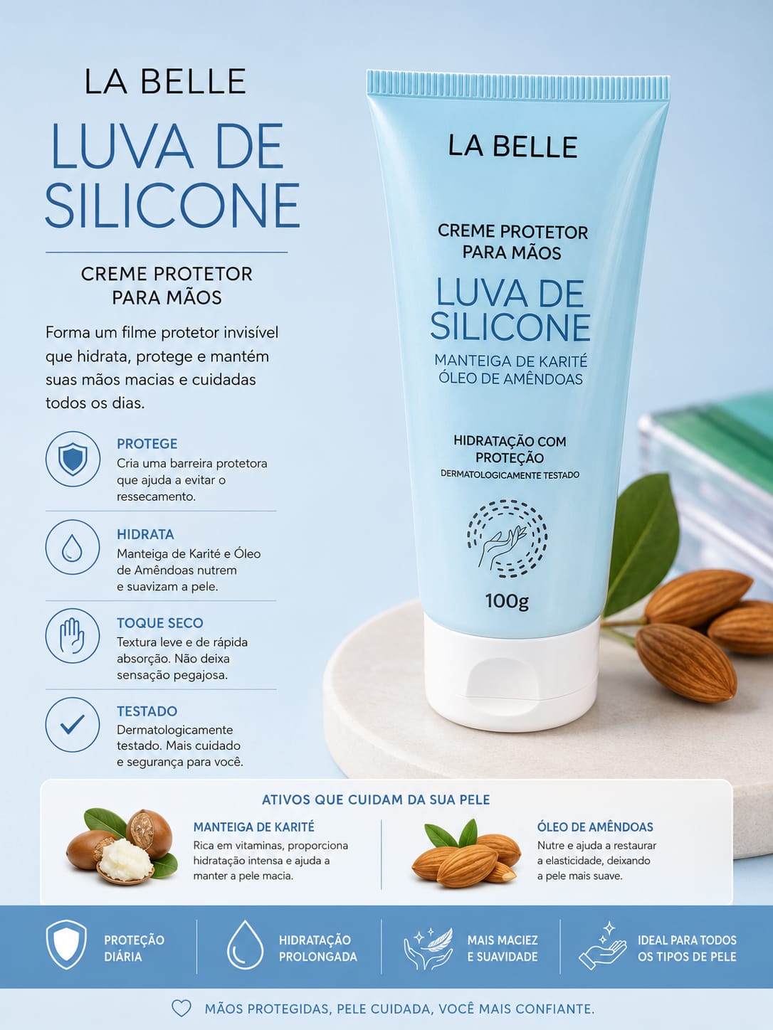 Creme Protetor para Mãos Luva de Silicone La Belle 100g | Manteiga de Karité e Óleo de Amêndoas | Hidratação Intensa, Toque Seco e Proteção Diária | Mais Vendido